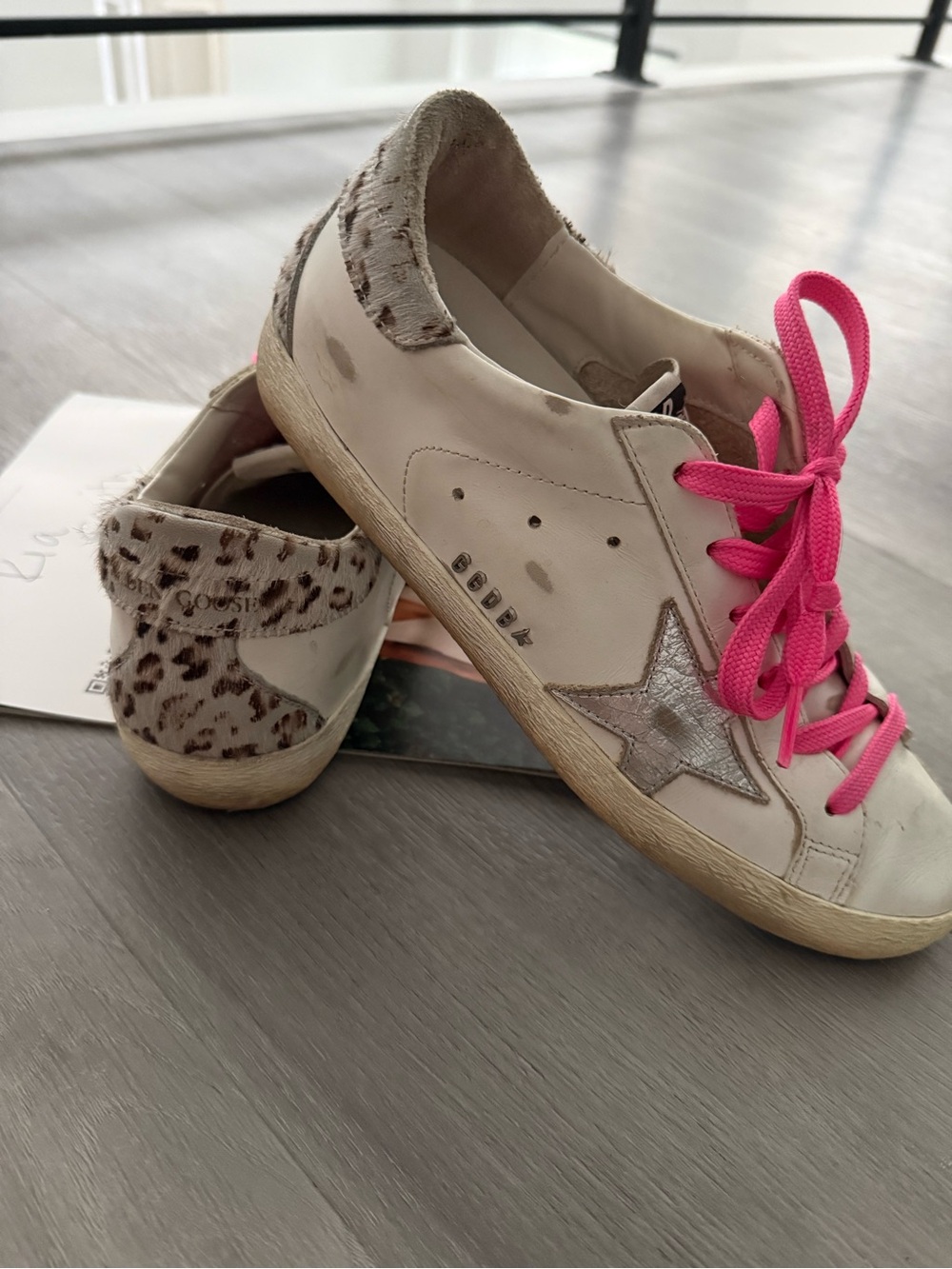 Golden Goose White Sneakers with Pink Laces and Leopard cowhide material Heel